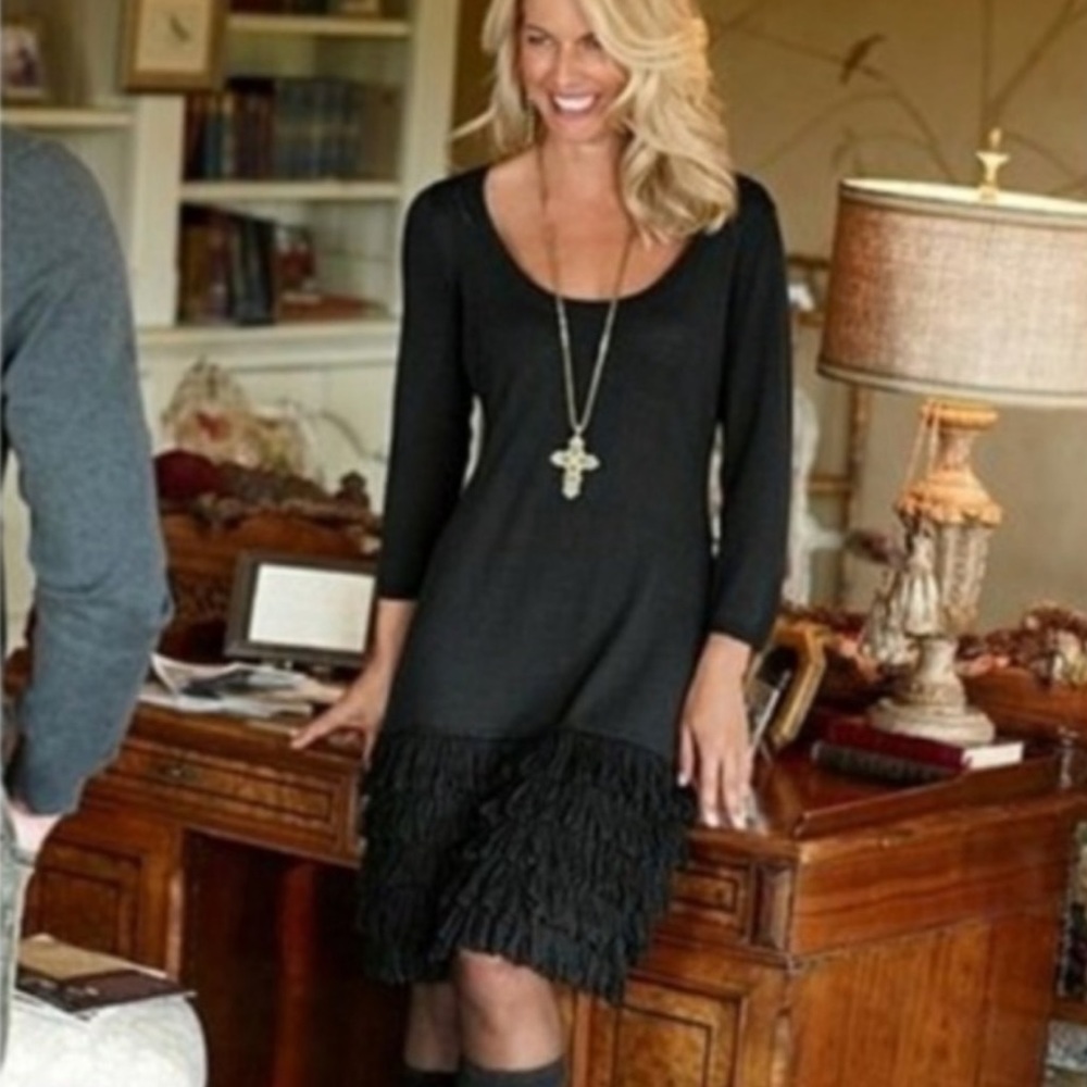 Soft Surroundings Theodora Sweater Dress Black Fringe Loop Bottom Size P Small